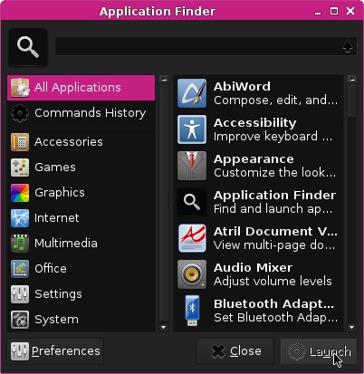 Screenshot of GUI launching apps