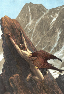 Prometheus is shackled to an outcrop of rock. An eagle is perched on him,
pecking at his flesh.