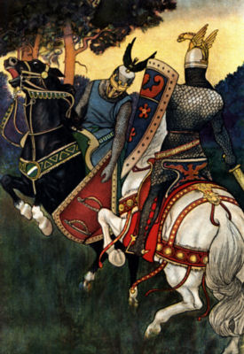 Two armed and armoured knights, one riding a black horse, the other
a white, fight one another.