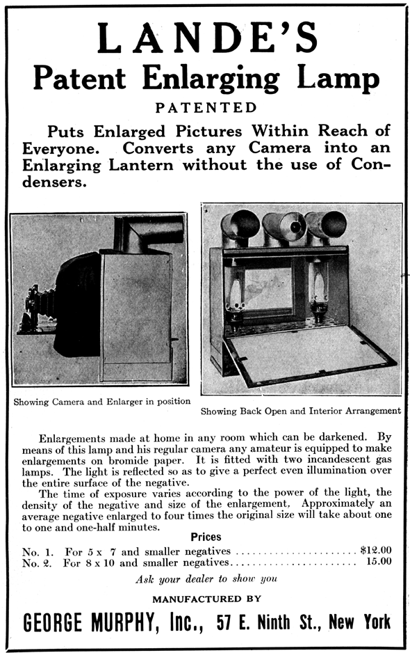 Converts any camera into an enlarging lantern without the use of condensers.