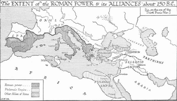 Map: The Extent of the Roman Power & its Alliances about
 150 B.C.