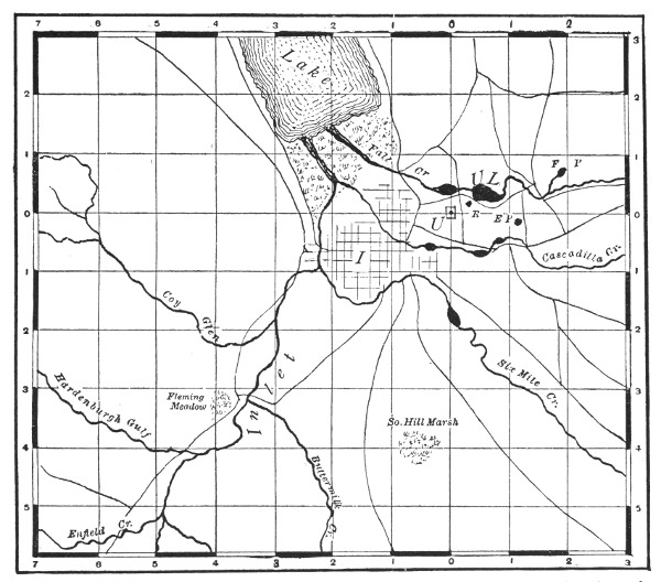 Fig. 123. Simple map showing the position of Cornell University, the city of
Ithaca, Cayuga Lake, and the roads and streams and ponds near the University.
From W. R. Dudley's map in "The Cayuga Flora." Scale, 1 centimeter to the
kilometer.