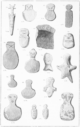 14. 14 M.
Nos. 14-30. Rude Idols found in the various Strata (2 to 14 M.).

No. 14 is of Ivory, with the same Decorations on both sides. Nos. 15,
16, 18, 20, 25, 26, 28, are of very fine Marble. No. 17 is of Green
Slate. Nos. 23, 24, 27 are of Terra-cotta: and No. 19 is a Piece of a
Dish.