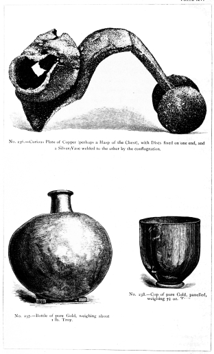 No. 236.—Curious Plate of Copper (perhaps a Hasp of the Chest), with
Discs fixed on one end, and a Silver Vase welded to the other by the
conflagration.

No. 237.—Bottle of pure Gold, weighing about 1 lb. Troy.

No. 238. Cup of pure Gold, panelled, weighing 7½ oz. Troy.

THE TREASURE OF PRIAM.

Page 325.

