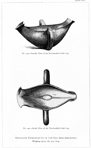 No. 239.—Outside View of the Two-handled Gold Cup.

No. 240.—Inside View of the Two-handled Gold Cup.

REMARKABLE TWO-HANDLED CUP OF PURE GOLD (δέπας ἀμφικύπελλον).

Weighing about 1 lb. 6 oz. Troy.

THE TREASURE OF PRIAM.

Page 326.