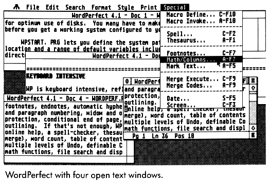 Word Perfect with four open text windows.